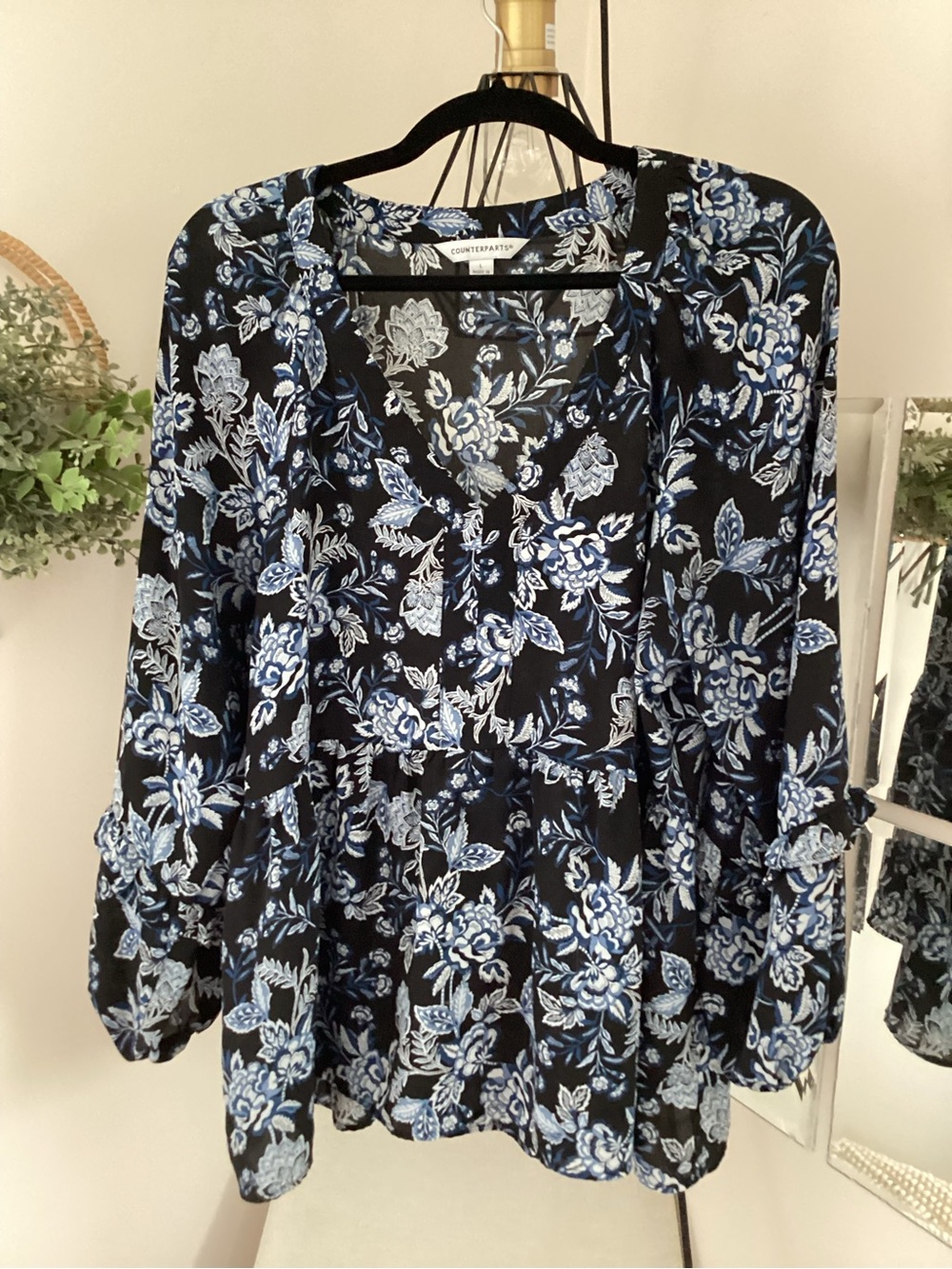 Counterparts Black Floral Peasant Tunic — Blue & White Floral Print